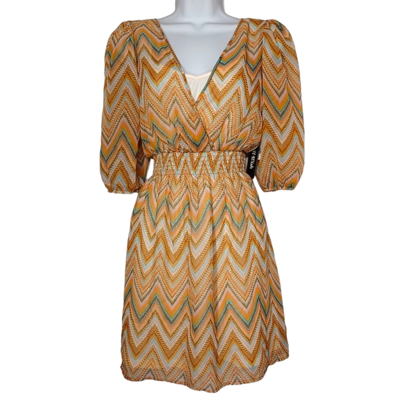 AS U WISH Colorful Chevron Stripe Print Brown Blue Smocked Dress Small NWT - Picture 1 of 11